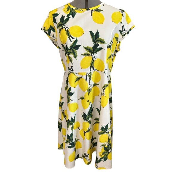 Yellow & White Lemon Print A-Line Midi Dress With Belt XL Summer Vacay - Picture 4 of 9